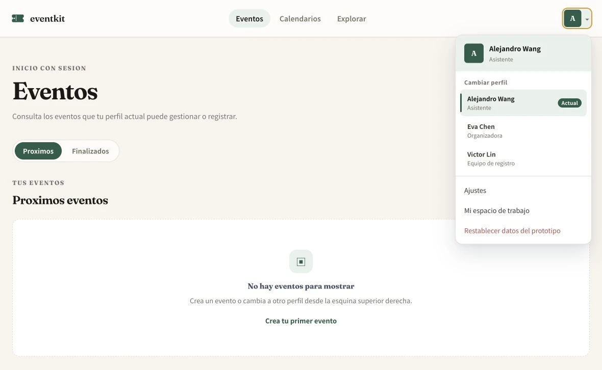 Pantalla del prototipo de la plataforma de eventos con el menú para cambiar de rol