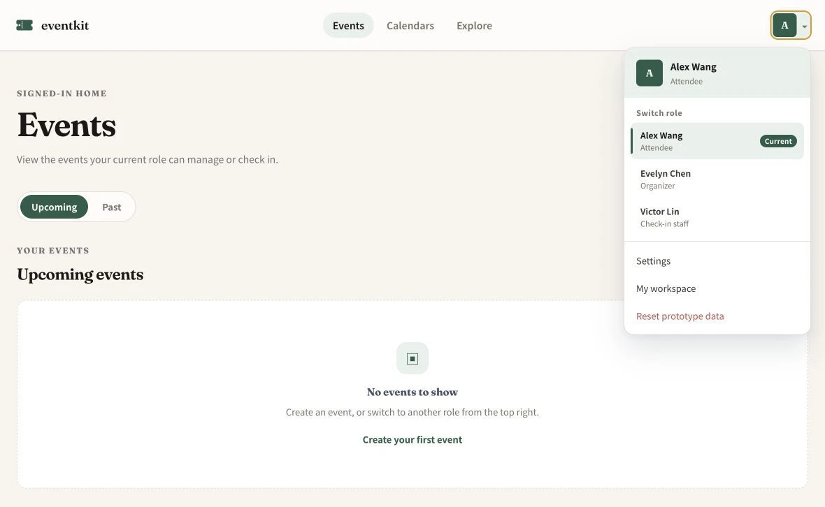 Example of the identity-switching menu in the event management platform prototype